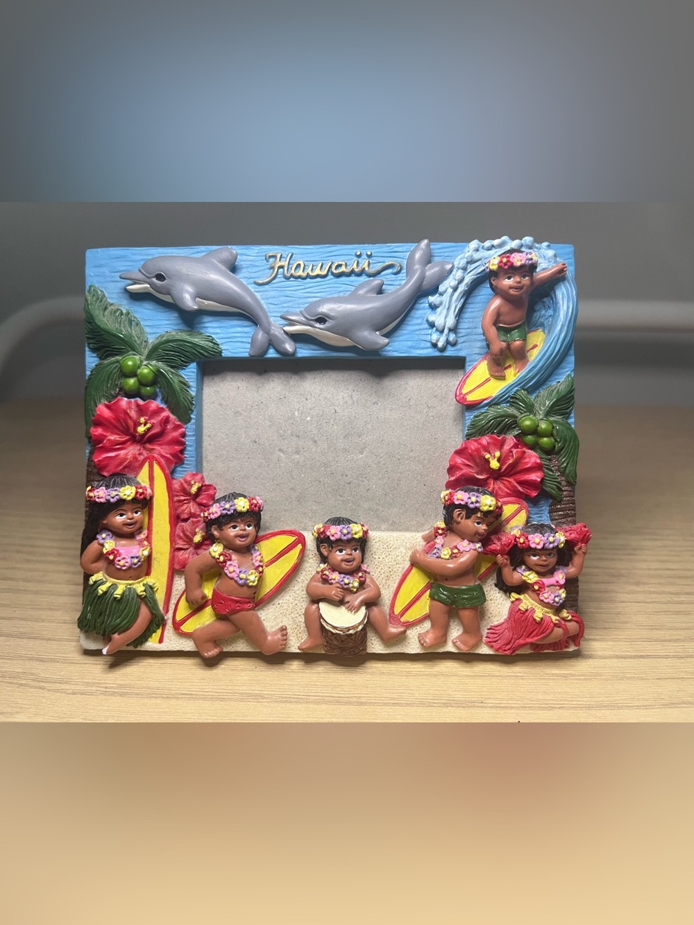Vintage Hawaii Resin Photo Frame - Hula Dancers Surfboards & Dolphins 2" x 3"